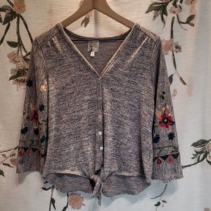 Fig And Flower Bohemian Floral Embroidered Button Down Sweater Women's Sweater